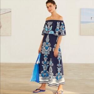 FARM Rio Navy Blue Floral Off-Shoulder Maxi Dress